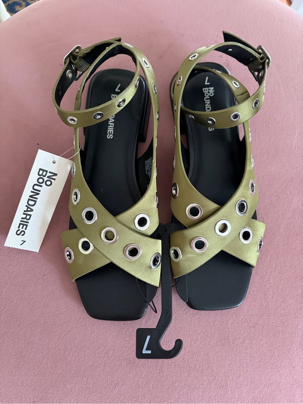 No Boundaries Olive Ankle-Strap Grommet Flat Sandal - Picture 6 of 8